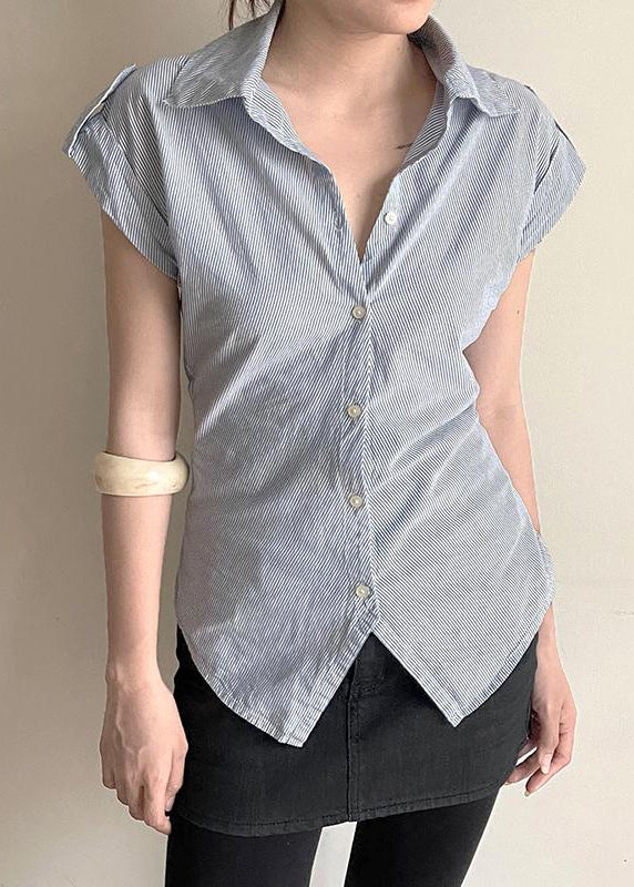 Summer Striped Cotton Classy Collar Blouses Peter Pan Button