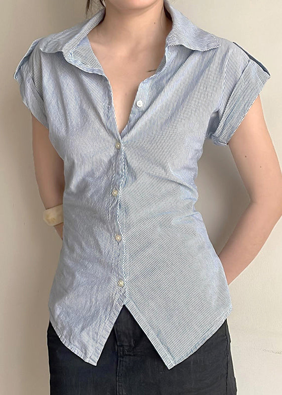 Summer Striped Cotton Classy Collar Blouses Peter Pan Button