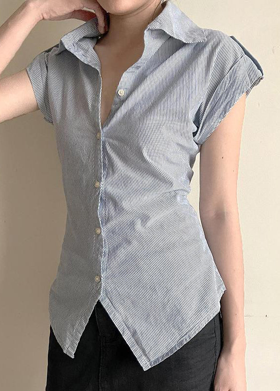 Summer Striped Cotton Classy Collar Blouses Peter Pan Button