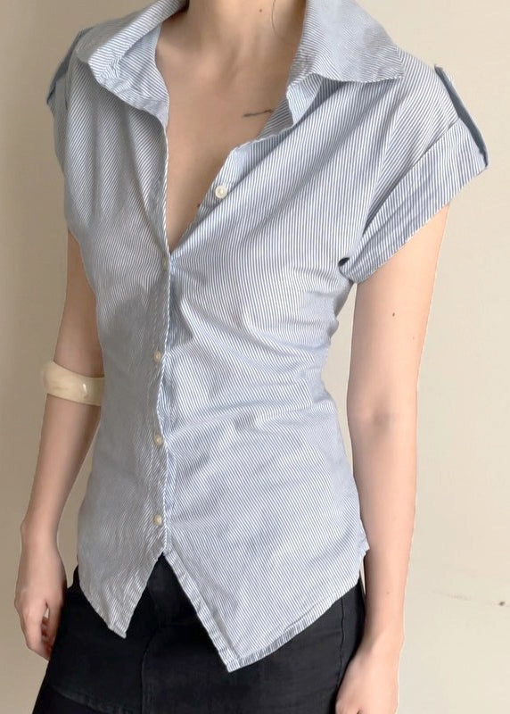 Summer Striped Cotton Classy Collar Blouses Peter Pan Button