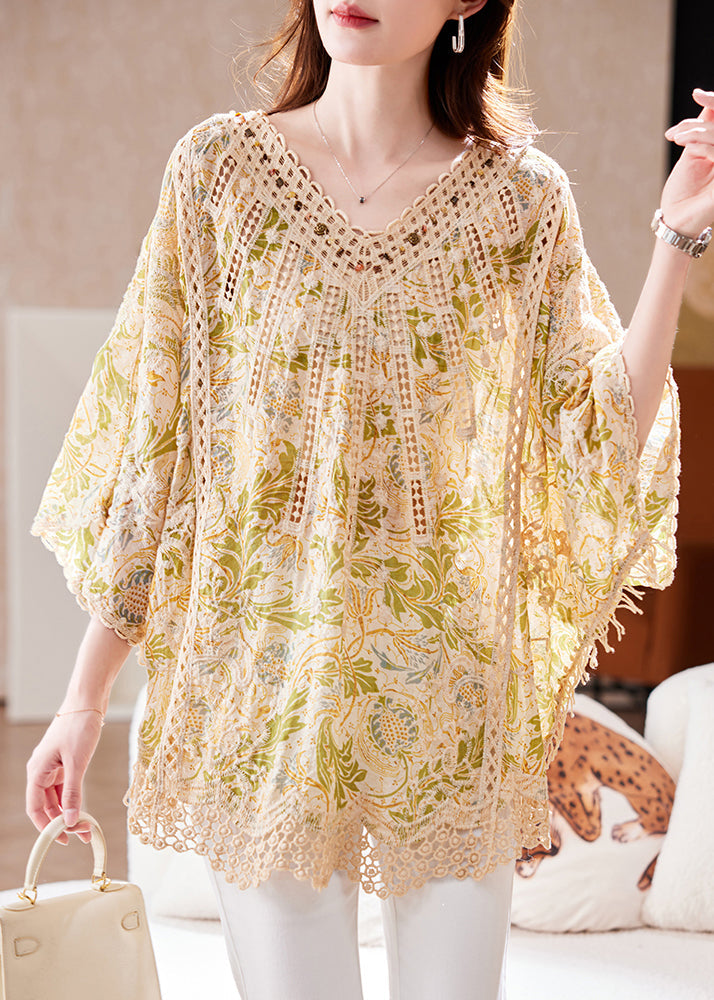 Tops Classy V Out Hollow Sleeve Cotton Batwing Neck Print