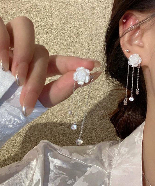 White Crystal Earrings Drop Camellia Tassel Classy Alloy