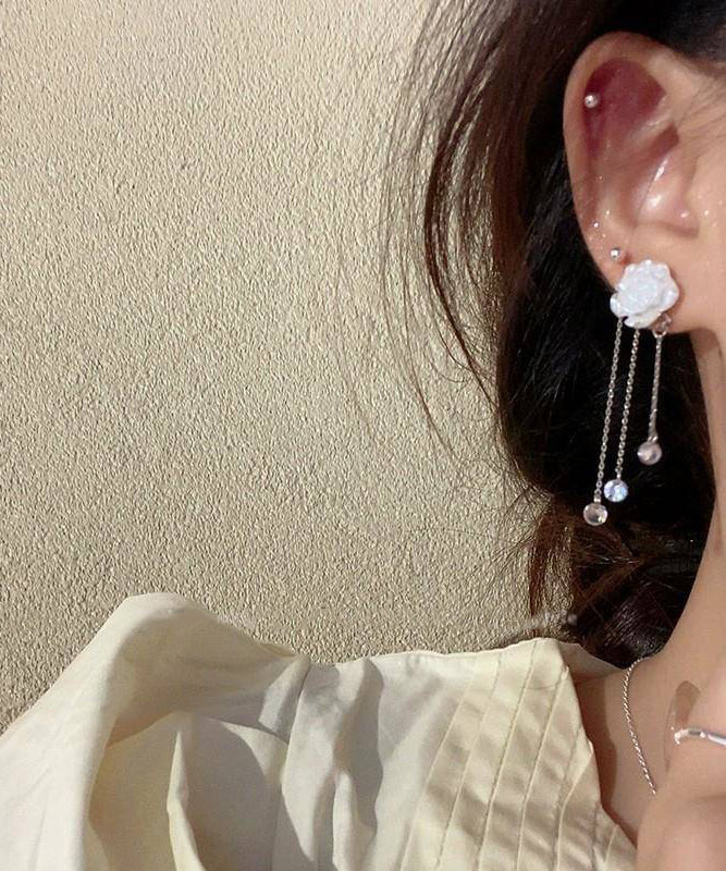 White Crystal Earrings Drop Camellia Tassel Classy Alloy