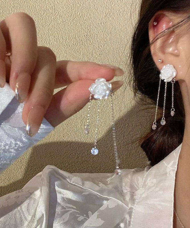 White Crystal Earrings Drop Camellia Tassel Classy Alloy