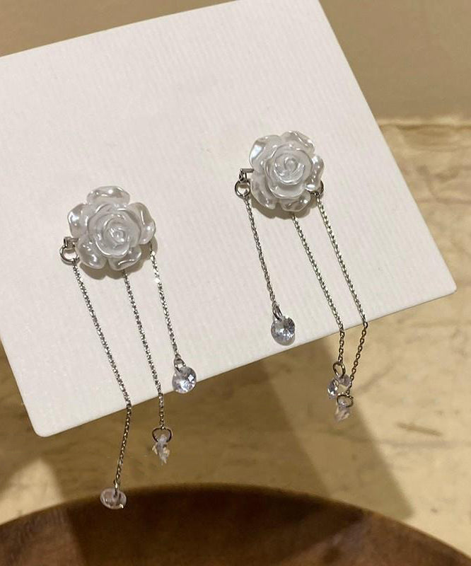White Crystal Earrings Drop Camellia Tassel Classy Alloy