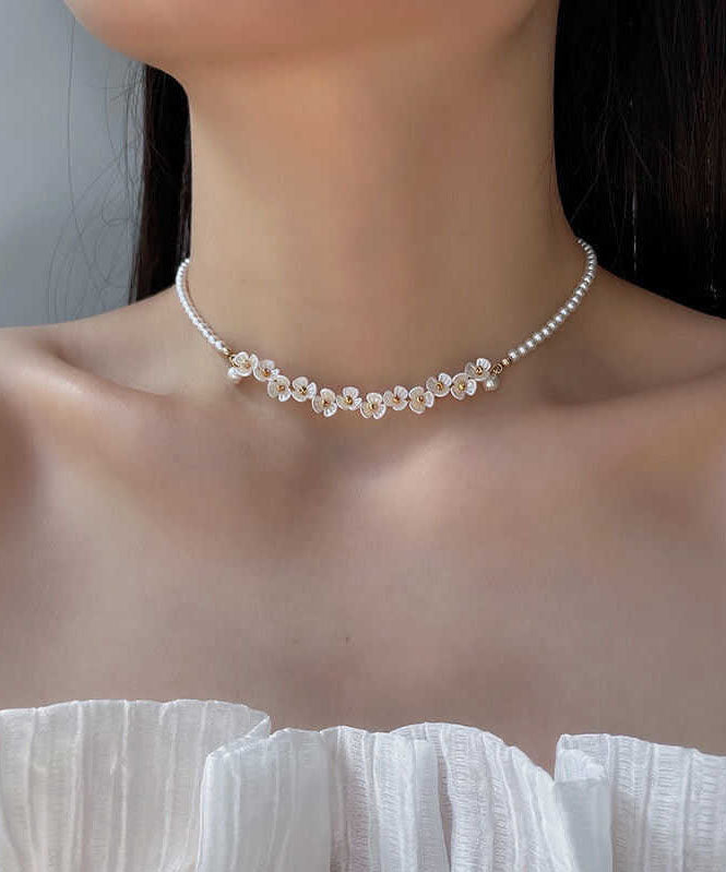 Necklace Bead Alloy Pear Classy Floral Gratuated White