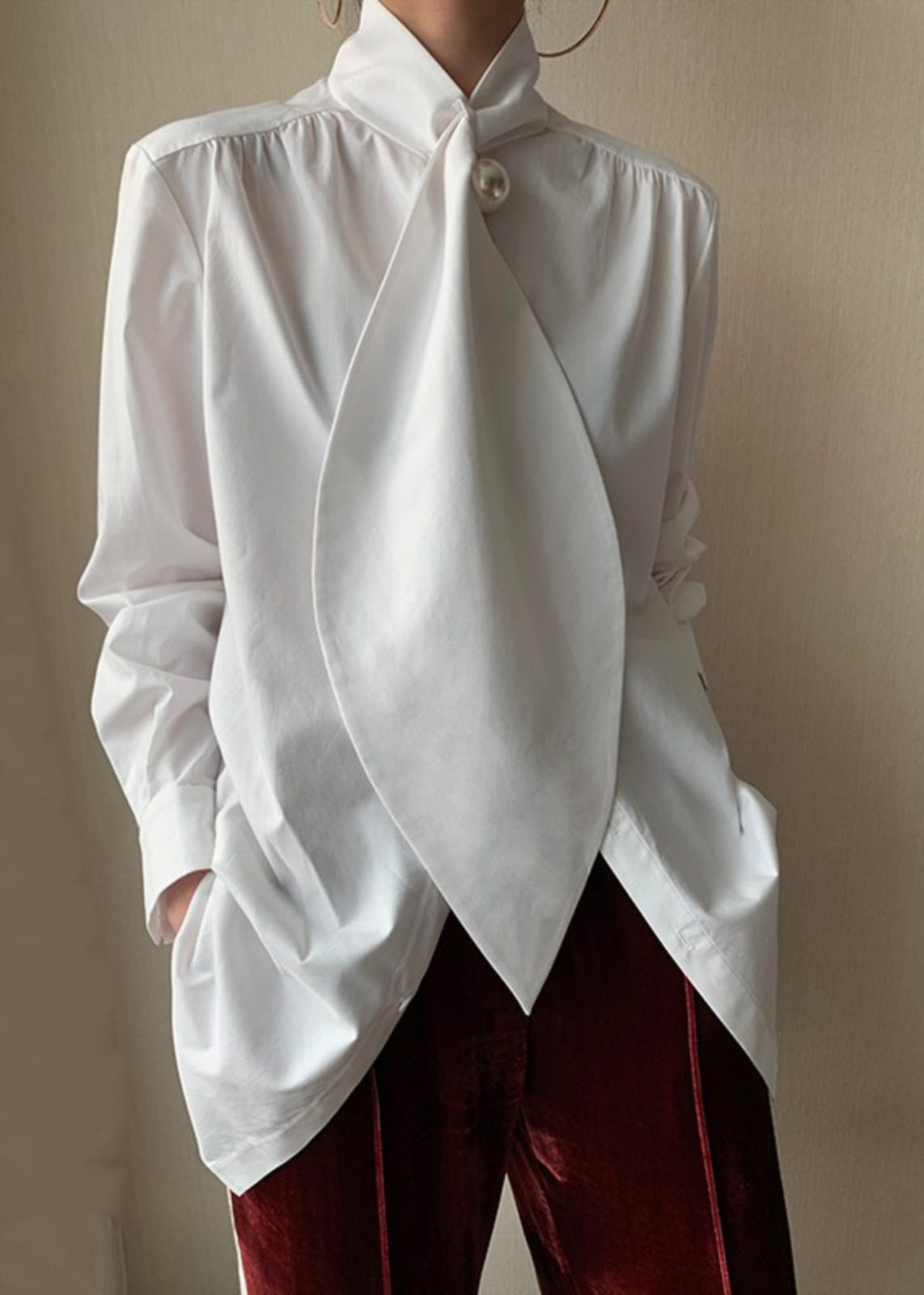 Spring White Patchwork Bow Classy Shirts Cotton