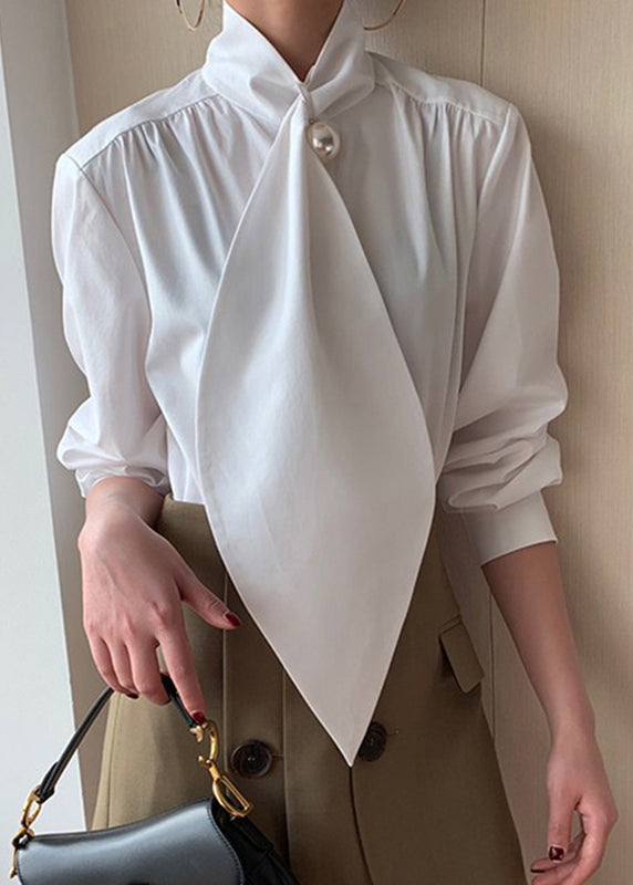 Bow Cotton Shirts Patchwork Classy Spring White