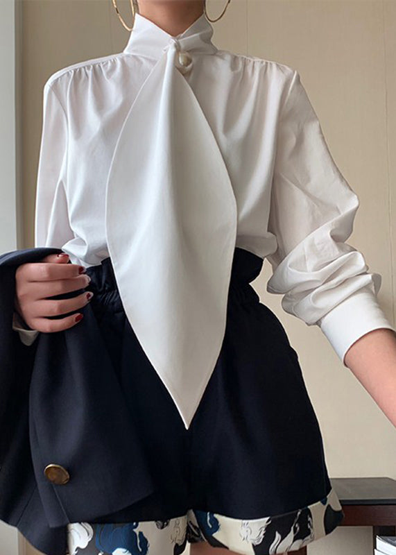 Bow Cotton Shirts Patchwork Classy Spring White