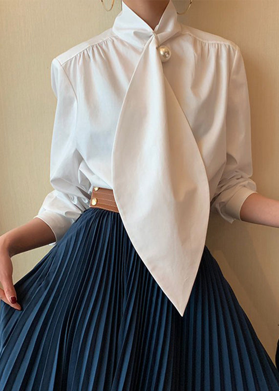 Bow Cotton Shirts Patchwork Classy Spring White