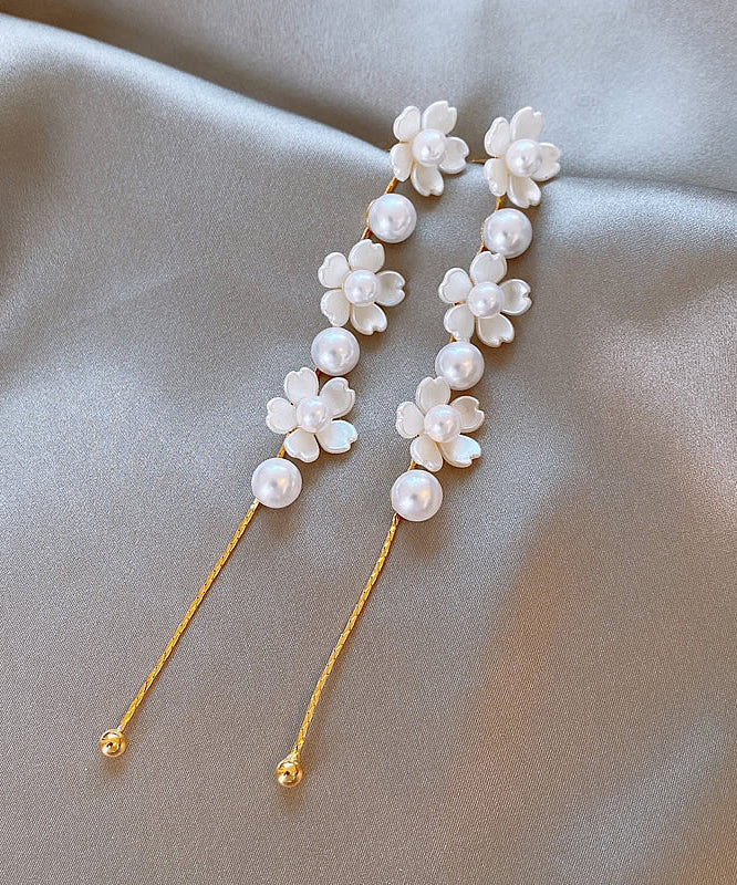 Earrings White Classy Copper Floral Pearl Drop Tassel