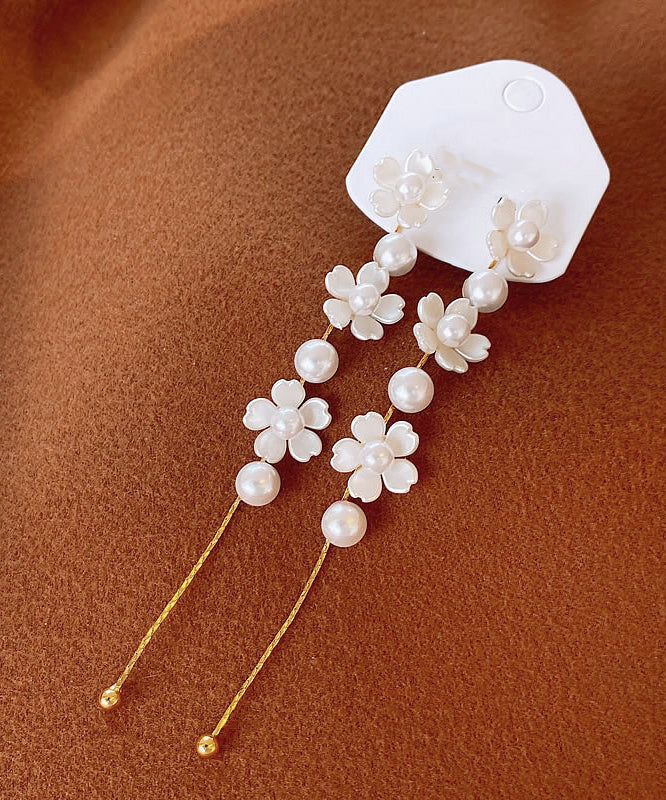 Earrings White Classy Copper Floral Pearl Drop Tassel