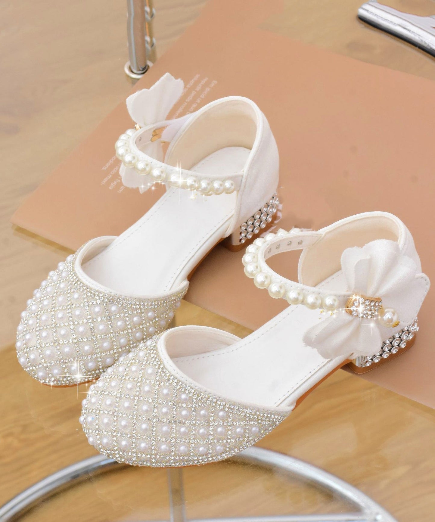 Kids Zircon Strap Buckle Classy Pearl Sandals White