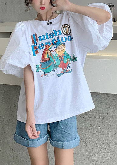 Summer Puff White Sleeve Tanks Print Classy Cotton