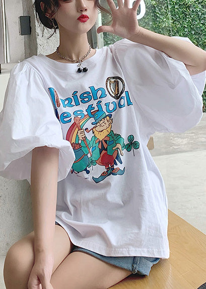 Summer Puff White Sleeve Tanks Print Classy Cotton