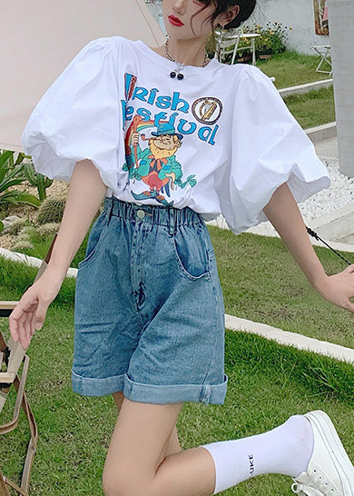 Summer Puff White Sleeve Tanks Print Classy Cotton