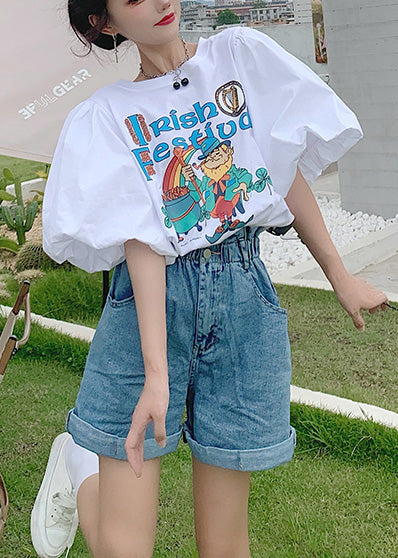 Summer Puff White Sleeve Tanks Print Classy Cotton