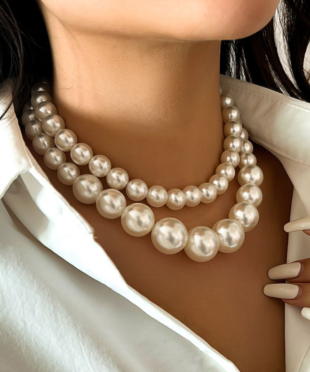 Stainless Tassel Steel Necklace Bead White Gratuated Classy Pearl