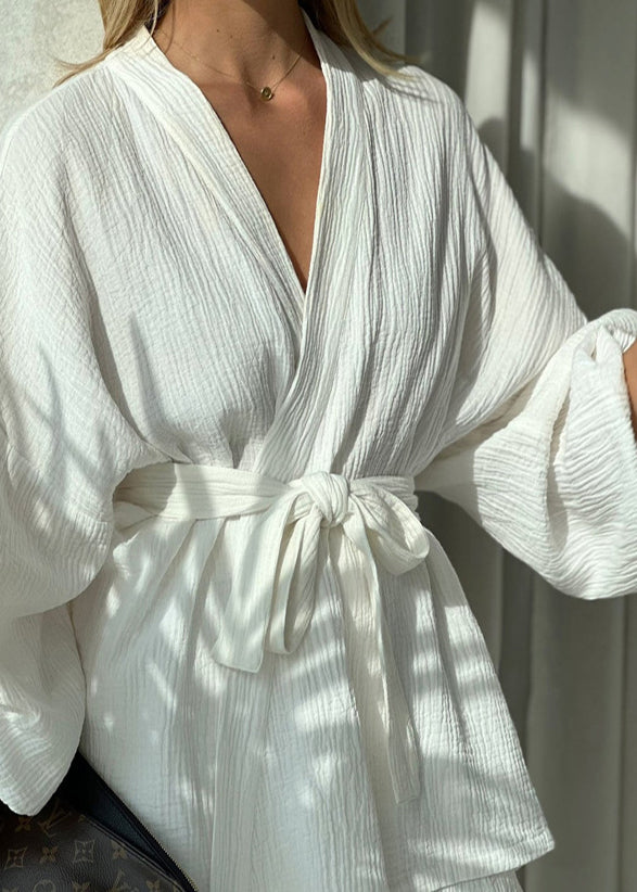 Classy Piece Waist White Sleeve Lantern 2 Cotton Outfit Tie