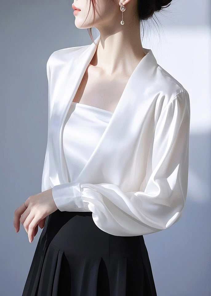 Satin Neck Classy White Shirt Spring Solid V