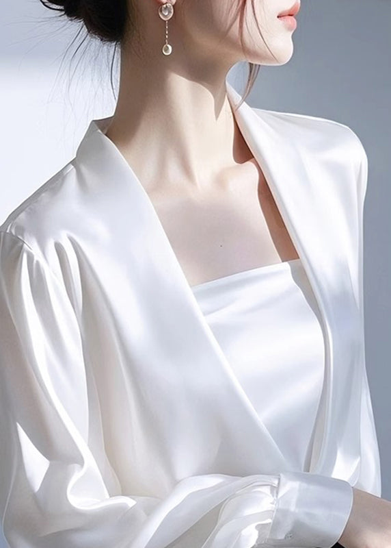 Satin Neck Classy White Shirt Spring Solid V