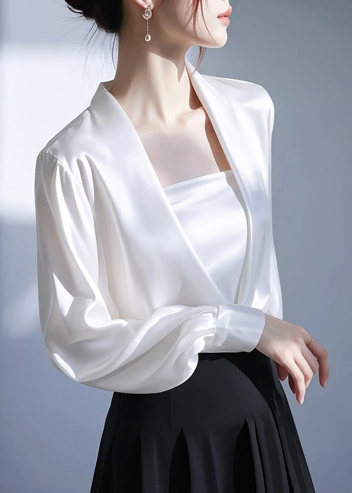 Satin Neck Classy White Shirt Spring Solid V