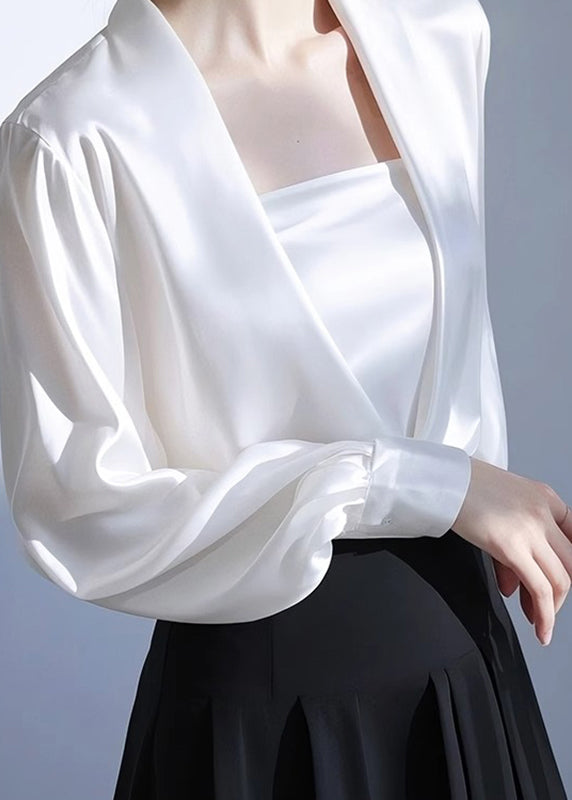 Satin Neck Classy White Shirt Spring Solid V