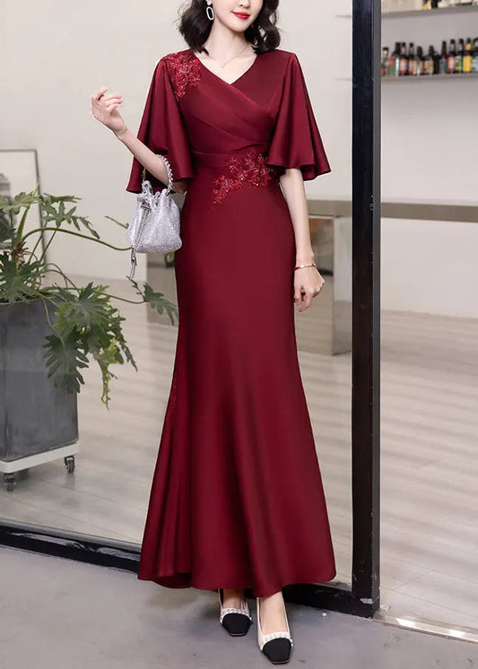 Classy Wine Red V Neck Embroidered Cotton Long Dresses Butterfly Sleeve Ada Fashion