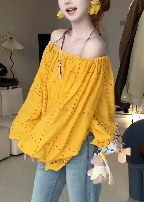 Out Shirt Summer Shoulder Yellow Cold Classy Cotton Hollow