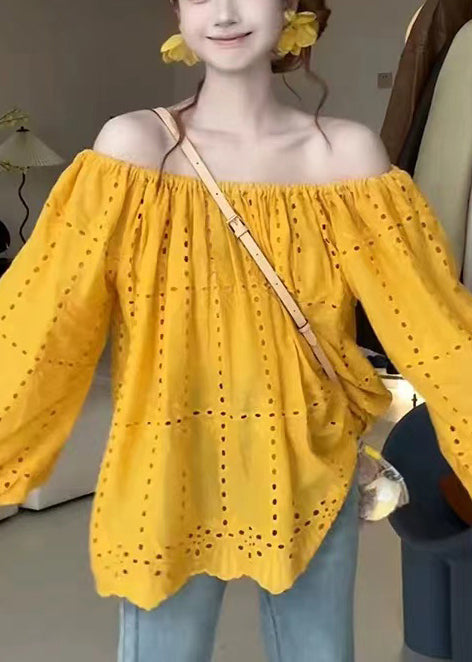 Out Shirt Summer Shoulder Yellow Cold Classy Cotton Hollow