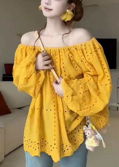 Out Shirt Summer Shoulder Yellow Cold Classy Cotton Hollow