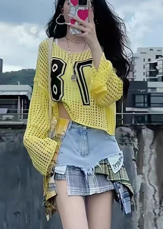 Embroidered Classy Knit Summer Out Hollow Yellow Tops