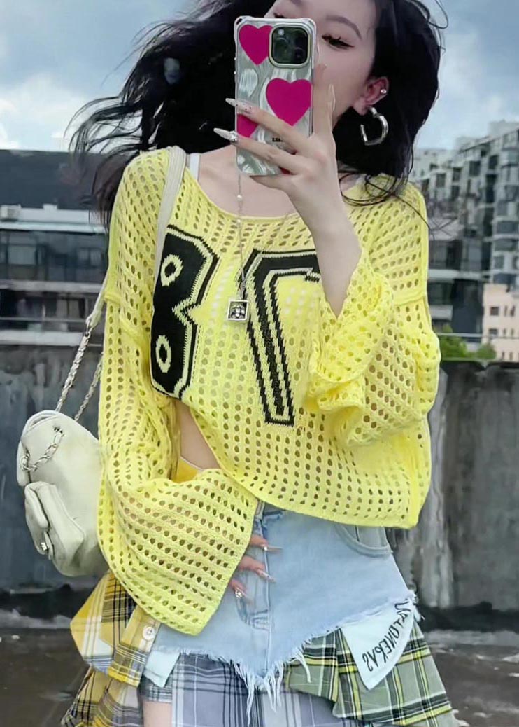 Embroidered Classy Knit Summer Out Hollow Yellow Tops