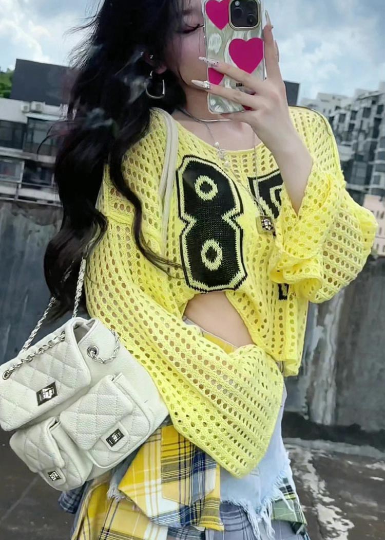 Embroidered Classy Knit Summer Out Hollow Yellow Tops