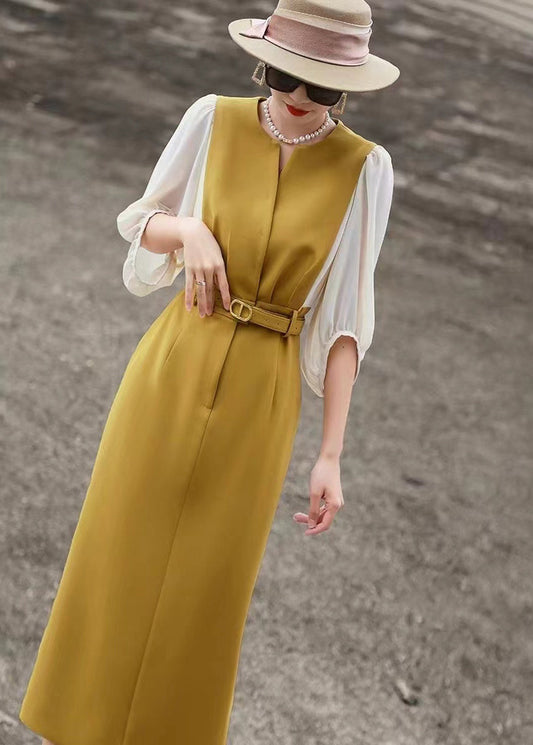 Robe en coton jaune élégante à col rond et taille nouée avec bracelet et manches EE1020