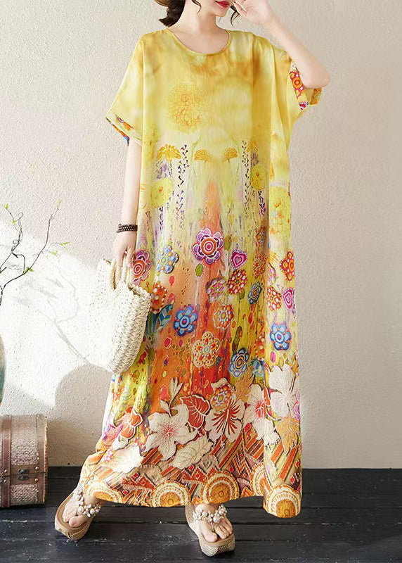 Yellow Oversized Summer Classy Beach Dresses Cotton Print