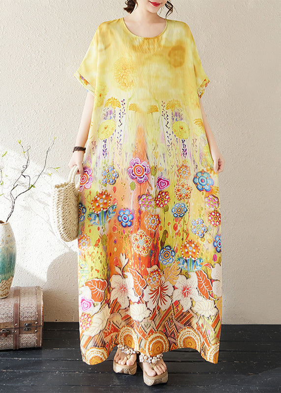 Yellow Oversized Summer Classy Beach Dresses Cotton Print