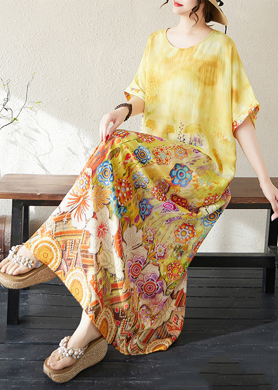 Yellow Oversized Summer Classy Beach Dresses Cotton Print