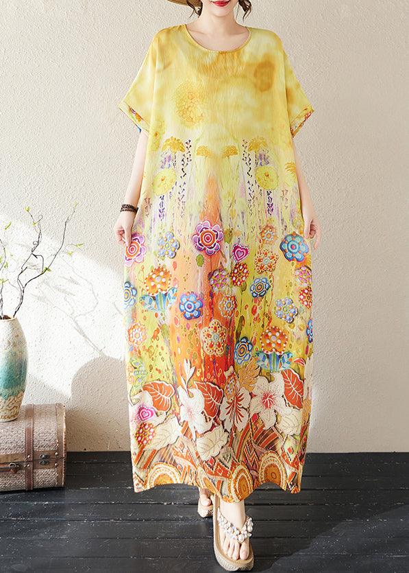 Yellow Oversized Summer Classy Beach Dresses Cotton Print