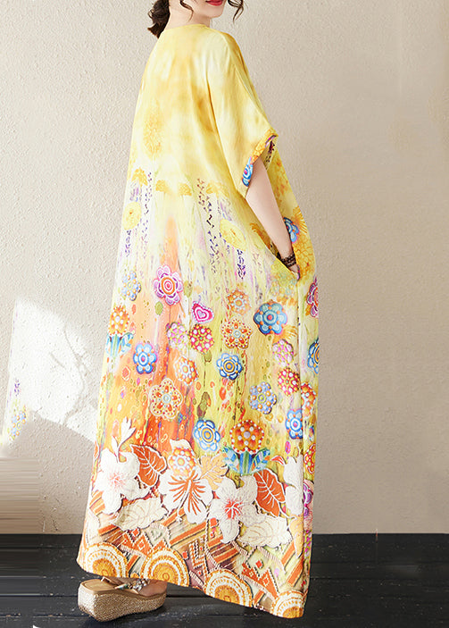 Yellow Oversized Summer Classy Beach Dresses Cotton Print