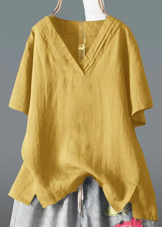V Linen Side Open Top Neck Summer Yellow Shirt Classy