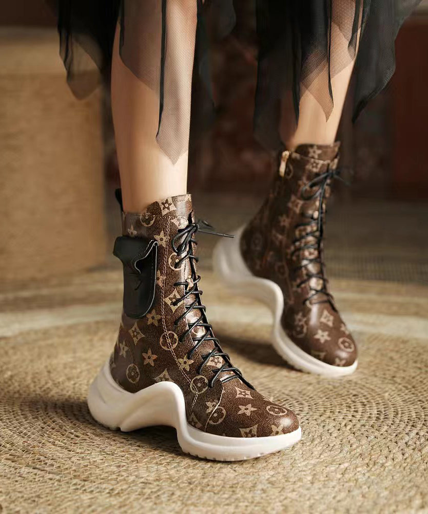 Coffee Boots Platform Cowhide Leather Stylish Splicing Cross Strap WT033