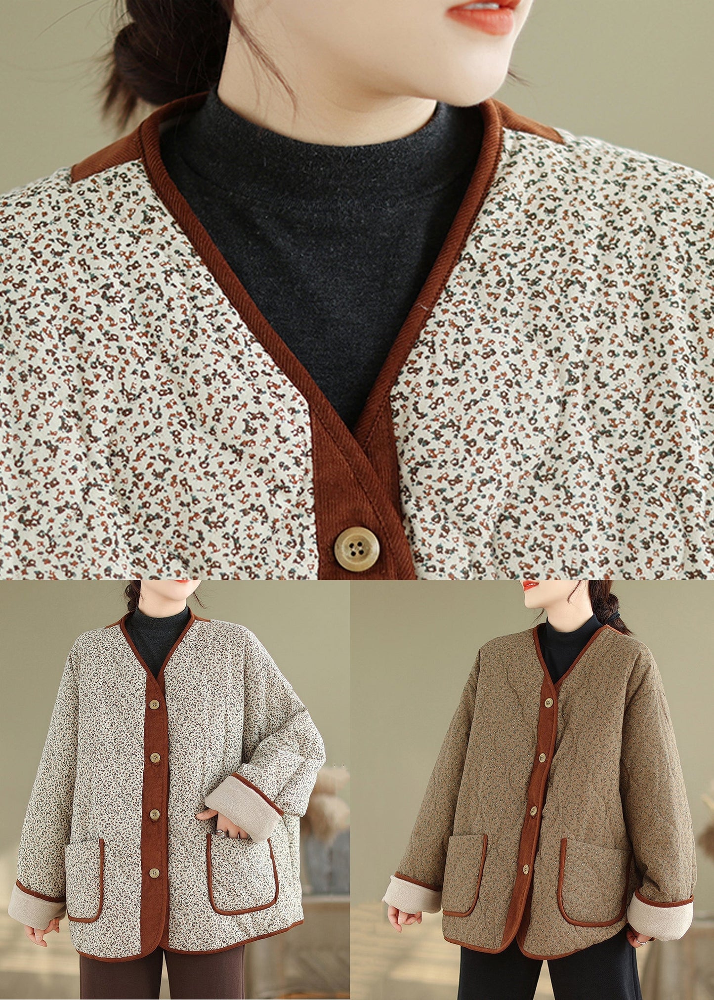 Coffee Button Pockets Warm Fleece Winter Coats V Neck QG037