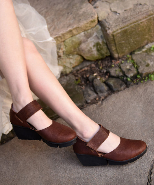 Sandals Coffee Buckle Cowhide Leather Strap Splicing Wedge Heels