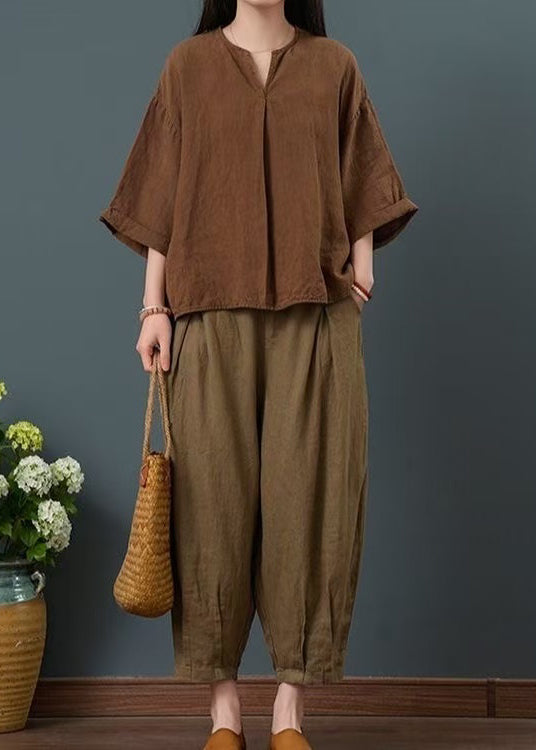Linen Two Piece Bracelet Sleeve Suit Coffee Oversized Set