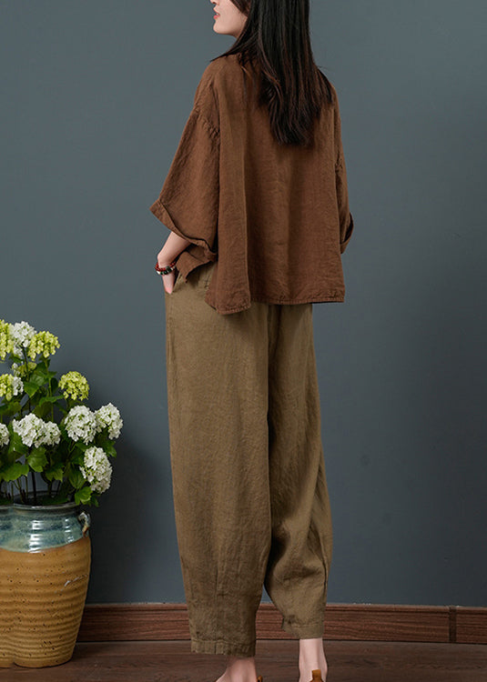 Linen Two Piece Bracelet Sleeve Suit Coffee Oversized Set