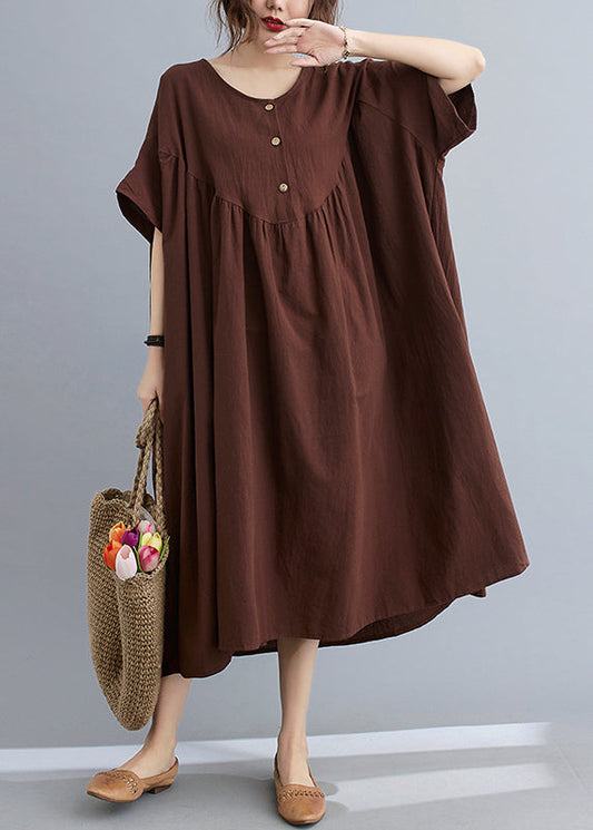 Coffee O-Neck Wrinkled Maxi Dresses Summer GH1049