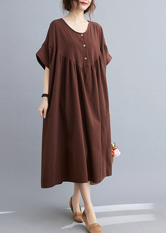 Coffee O-Neck Wrinkled Maxi Dresses Summer GH1049