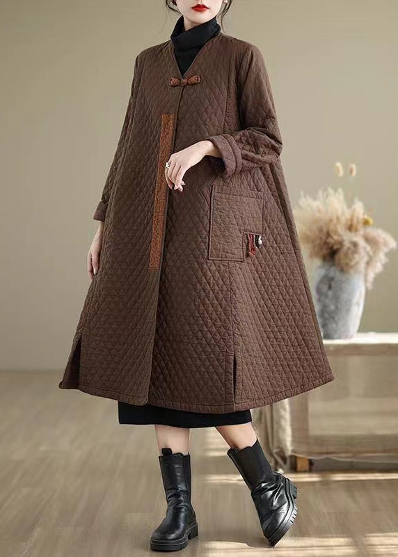 Coffee Pockets Fine Cotton Filled Women Retro Coats V Neck Winter RU019