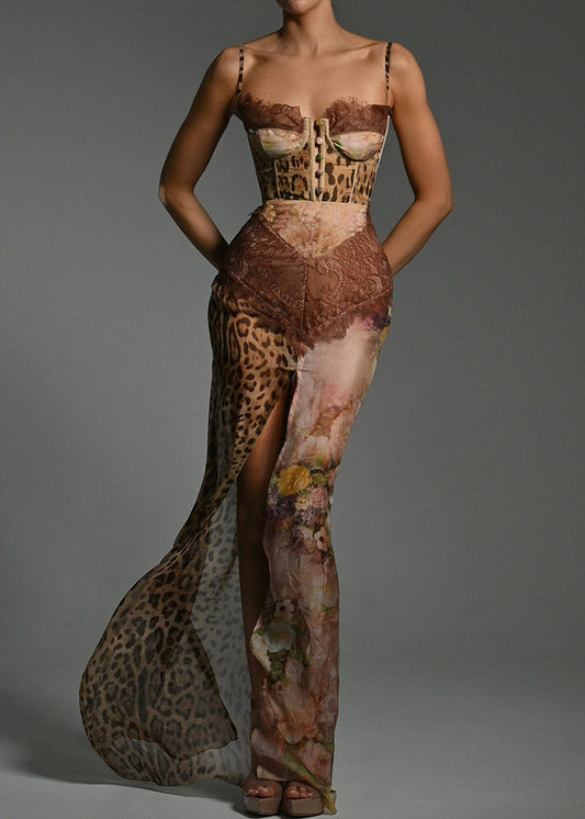 Chiffon Open Side Sleeveless Lace Patchwork Spaghetti Coffee